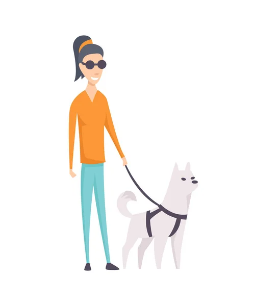 Compañera de perro y chica ciega en el paseo aislado sobre fondo blanco - persona ciega y perro guía. Vector mascota acompañante y ciega chica persona ilustración — Vector de stock