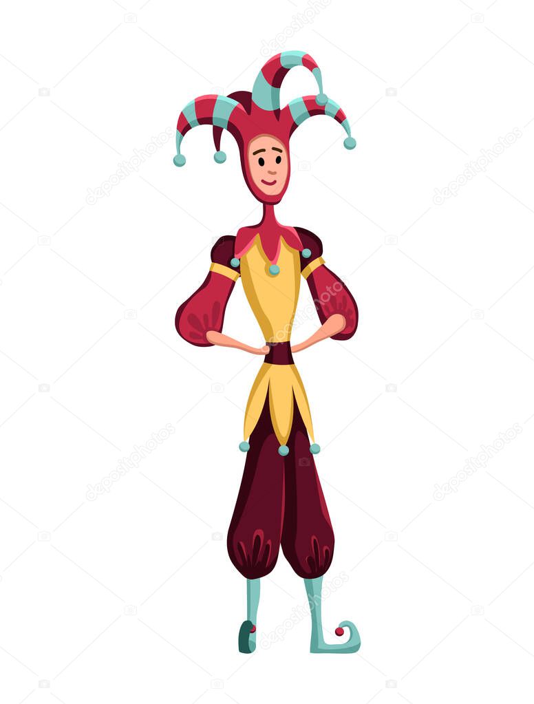 Funny castle jester or fool man in colorful clothes. Circus characters. Circus clown in costume, vector character comedian illustration. Fairy Tale Clown, Ancient Fair Market Comic Person.