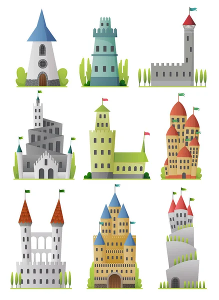 Conjunto vetorial plano de grandes castelos de contos de fadas. Palácios medievais com torres altas e telhados cônicos. Fortalezas ou fortalezas com muralhas e torres fortificadas — Vetor de Stock