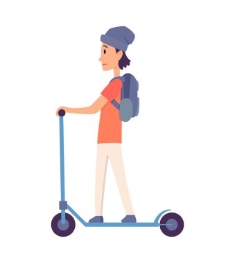 Scooter süren genç yakışıklı bir adam, modern açık hava ulaşımı, ayakta duruş. Elektrikli araba kullanan insanlar. Kiralama servisi için hızlı bir ekolojik gezinti tasarla. Düz biçimli vektör illüstrasyonu