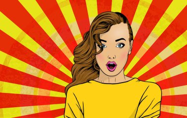 Popüler sanat, ağzı açık bir kadın yüzü görünce şaşırdı. Kahverengi saçlı komik kadın. Pop Art retro mizah tarzında renkli bir arka plan. Parti davetiyesi posteri