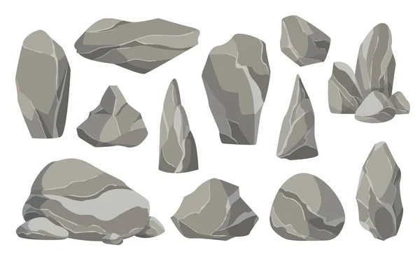 岩石和石头单个堆放或堆放，造成破坏和碎石。大大小小的石头。一套平面设计图标。游戏艺术设计的矢量图解 — 图库矢量图片