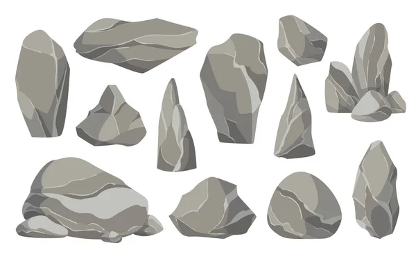 Rocce e pietre singole o ammucchiate per danni e macerie. Pietre grandi e piccole. Set di icone di design piatto. Illustrazione vettoriale per game art architecture design — Vettoriale Stock