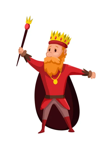 Rajzfilmkirály koronát és köpenyt visel. Rajzfilm király kezében egy arany jogar. Színvektor illusztráció — Stock Vector