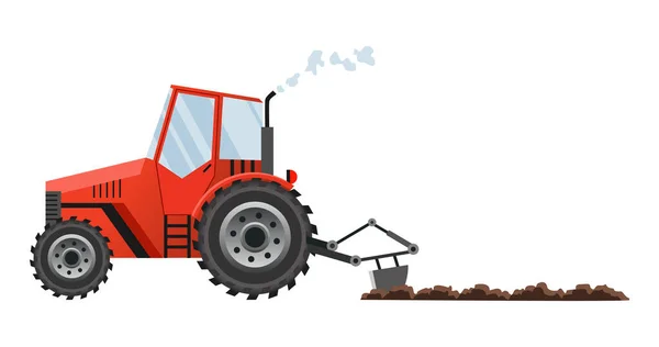 Roter Ackerschlepper bewirtschaftet das Land. Schwere landwirtschaftliche Maschinen für den Transport von Feldarbeit für den landwirtschaftlichen Betrieb in flacher Bauweise. Traktor-Ikone. Isolierter flacher Stil, Vektorillustration — Stockvektor