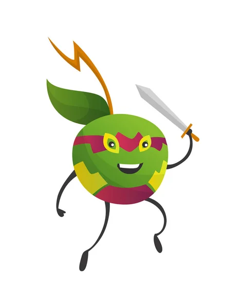 Manzana de superhéroe de dibujos animados. Fruto en máscara y con espada. Lindo personaje infantil de dibujos animados. Divertida fruta de dibujos animados en traje de superhéroe. Logo concepto de dieta saludable. Ilustración vectorial — Vector de stock