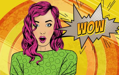 Popüler sanat, ağzı açık bir kadın yüzü görünce şaşırdı. Wow konuşma baloncuğu olan komik kadın. Pop Art retro mizah tarzında renkli bir arka plan. Parti davetiyesi posteri