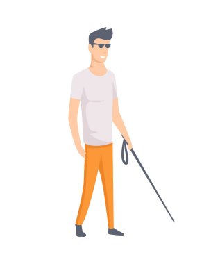 Sopalı genç kör adam. Genç engelli. Düz tasarımın vektör illüstrasyonu