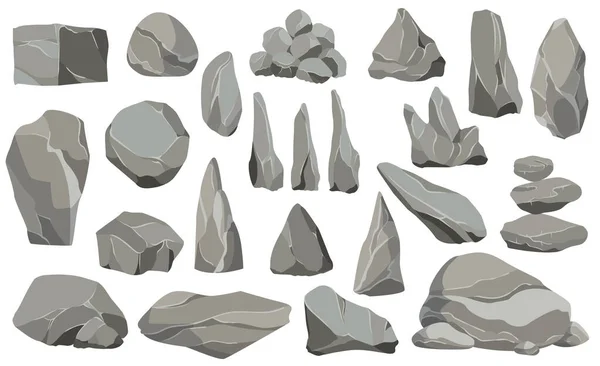 Πέτρες και πέτρες μόνες ή στοιβαγμένες για ζημιές και μπάζα. Μεγάλες και μικρές πέτρες. Σύνολο εικονίδια επίπεδη σχεδίαση. Εικονογράφηση διάνυσμα για το σχεδιασμό τέχνης παιχνίδι — Διανυσματικό Αρχείο