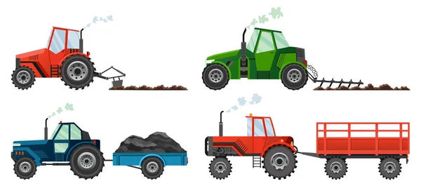 Establezca si los tractores agrícolas cultivan la tierra o llevan un remolque. Maquinaria agrícola pesada para el transporte de trabajo de campo para la granja en estilo plano. Estilo plano aislado, ilustración vectorial — Archivo Imágenes Vectoriales