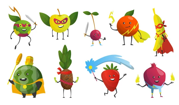 Super-heróis dos desenhos animados. Frutas em máscaras e capas. Personagens de desenhos animados infantis bonitos em trajes em poses diferentes. Personagens engraçados de desenhos animados. Conceito de dieta saudável. Ilustração vetorial — Vetor de Stock