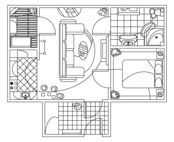 Desenho arquitetônico plano plano vista superior com sala de estar casa de banho cozinha e sala de estar com mobiliário. Apartamento com um quarto — Vetor de Stock