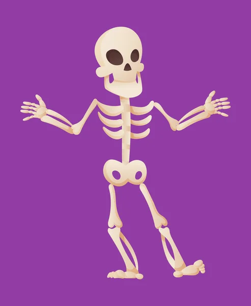 Roliga tecknade skelett sprider hans händer. Vektorbenig karaktär. Mänskliga ben illustrerar skelett. Död man på färg bakgrund — Stock vektor