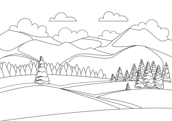 Sketch of beautiful winter mountain landscape with sky and clouds. Panorama of mountain ridges with spruce or pine forest in the foreground. Coniferous forest. Vector illustration — Stock Vector