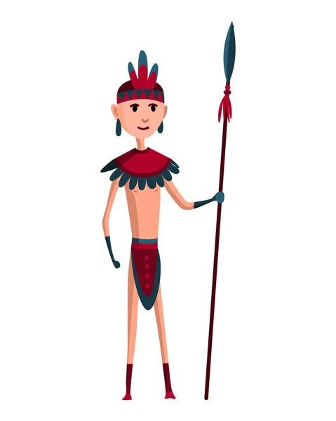 Membro della tribù dei nativi americani nell'abbigliamento tradizionale indiano con armi. Cartone animato donna vestita in stile indiano con lancia — Vettoriale Stock