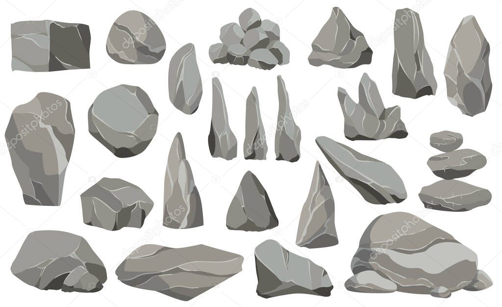 Rocks and stones single or piled for damage and rubble. Large and small stones. Set of flat design icons. Vector illustration for game art architecture design