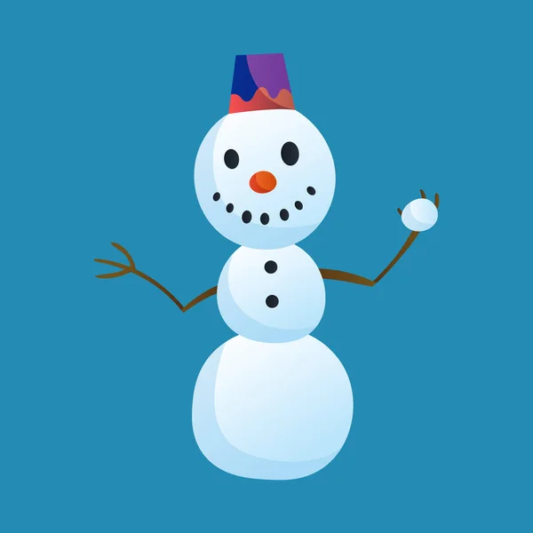 Snowman sostiene una bola de nieve con sombrero de copa aislado sobre fondo blanco. Tema de invierno. Ilustración de caracteres vectoriales — Vector de stock