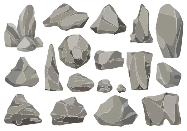 Πέτρες και πέτρες μόνες ή στοιβαγμένες για ζημιές και μπάζα. Μεγάλες και μικρές πέτρες. Σύνολο εικονίδια επίπεδη σχεδίαση. Εικονογράφηση διάνυσμα για το σχεδιασμό τέχνης παιχνίδι — Διανυσματικό Αρχείο