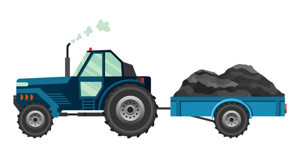 Blue farm tractor which carries a trailer. Heavy agricultural machinery for field work transport for farm in flat style. Farm tractor icon. Isolated flat style, vector illustration — Stock Vector