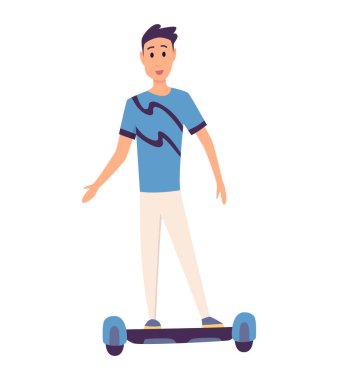Giroboard süren genç yakışıklı bir adam, modern açık hava ulaşımı, ayakta duruş. Elektrikli araba kullanan insanlar. Kiralama servisi için hızlı bir ekolojik gezinti tasarla. Düz biçimli vektör illüstrasyonu