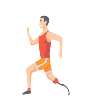 Protezde koşan genç adam. Protez ayaklı adam, ampütasyonlu sporcu, engelli insan protezi. Vektör illüstrasyonu