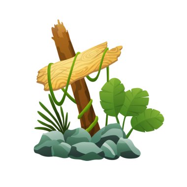 Orman yağmur ormanlarında, tropikal yaprakları ve yazı için yeri olan ahşap tabela. Çizgi film oyun vektör illüstrasyonu. Reklam çerçevesi tasarımı. Eski tahta dekore edilmiş liana yaprakları.