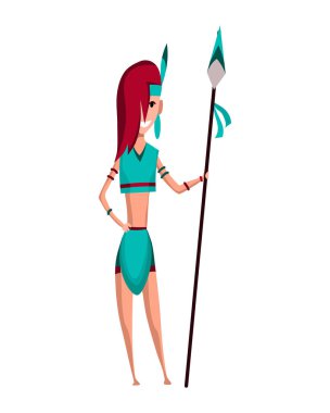 Geleneksel Kızılderili Giysileri Giyen Amerikan Kabilesi üyesi. Çizgi film karakteri, mızraklı Hint tarzı bir kadın.