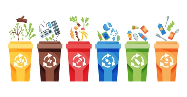 Recyclage des ordures. Conteneurs en plastique pour ordures de différents types. Logo du concept de conteneur poubelle. Illustrations vectorielles dans le style dessin animé — Image vectorielle