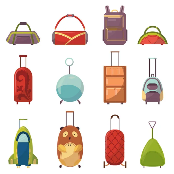 Childish cute bag types for trips collection. Wheeled child handle travel bag. Variety bright backpacks for school children, students, travelers and tourists. Fashionable bags for kids and adults — Stock Vector