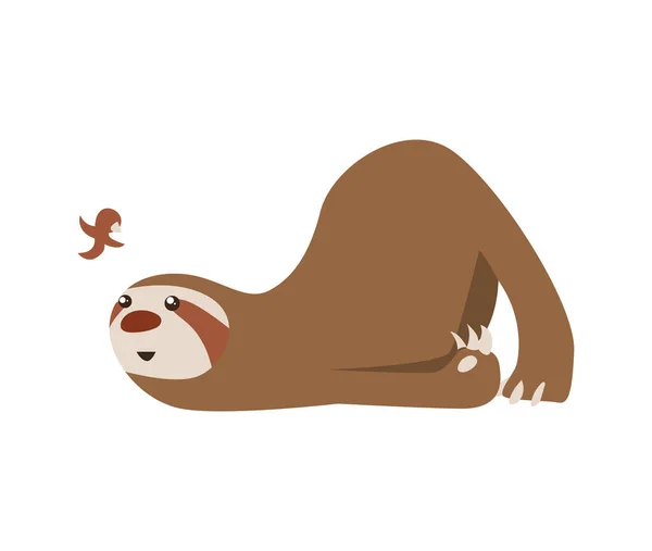 Cute baby sloth lies and looks at the bird. Adorable cartoon animal. Funny cartoon sloth sleeping with full belly. Cute lazy character vector illustration — Stock Vector