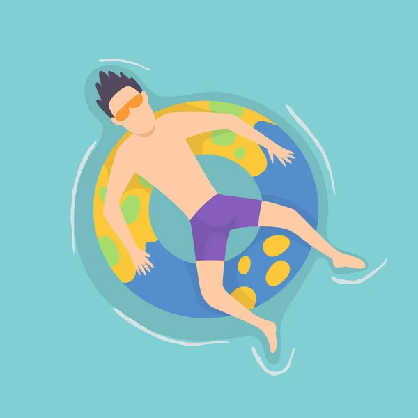 Вид сверху на человека, плавающего на воздушной матрасе в бассейне. Мужчины расслабляются и загорают на надувной форме кольца. Векторная миграция — стоковый вектор