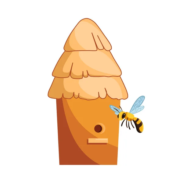 Arılar için geleneksel ağaç kovanı ve etrafında arılar var. Bir çizgi film çizimi ahşap arı kovanı, arıcılık tarımı için — Stok Vektör