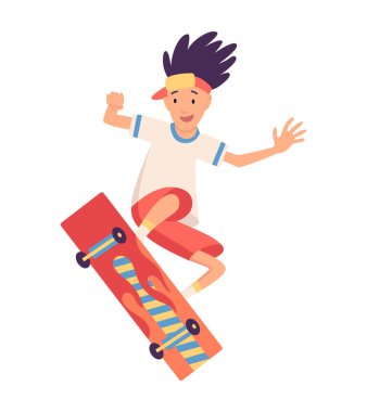 Kaykay süren genç yakışıklı bir adam, modern açık hava ulaşımı, ayakta duruş. Elektrikli araba kullanan insanlar. Kiralama servisi için hızlı bir ekolojik gezinti tasarla. Düz biçimli vektör illüstrasyonu