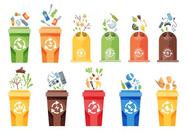 Çöp toplama geri dönüşümü. Farklı tipte çöpler için plastik kaplar. Çöp konteynırı konsept logosu. Çizgi film tarzında vektör illüstrasyonları