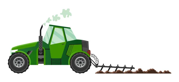 Зелений трактор обробляє землю. Важка сільськогосподарська техніка для польових робіт транспорту для ферм у плоскому стилі. Значок трактора ферми. Ізольований плоский стиль, Векторні ілюстрації — стоковий вектор