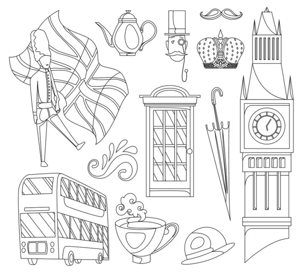 Hand drawn doodle United Kingdom. Set vector illustration UK icons. Welcome to London elements. Britannia symbols collection. Sketch coloring style — Stock Vector