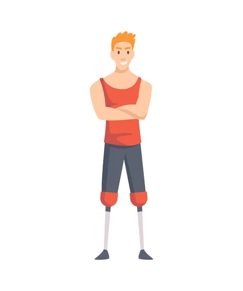 Молодой парень с протезом обеих ног. Человек протезирует ноги, спортсмен с ампутацией, инвалид протезирует. Векторная иллюстрация — стоковый вектор