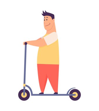 Scooter süren genç yakışıklı bir adam, modern açık hava ulaşımı, ayakta duruş. Elektrikli araba kullanan insanlar. Kiralama servisi için hızlı bir ekolojik gezinti tasarla. Düz biçimli vektör illüstrasyonu