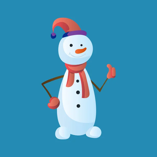 Muñeco de nieve Como con sombrero de copa y bufanda aislada sobre fondo blanco. Tema de invierno. Ilustración de caracteres vectoriales — Vector de stock