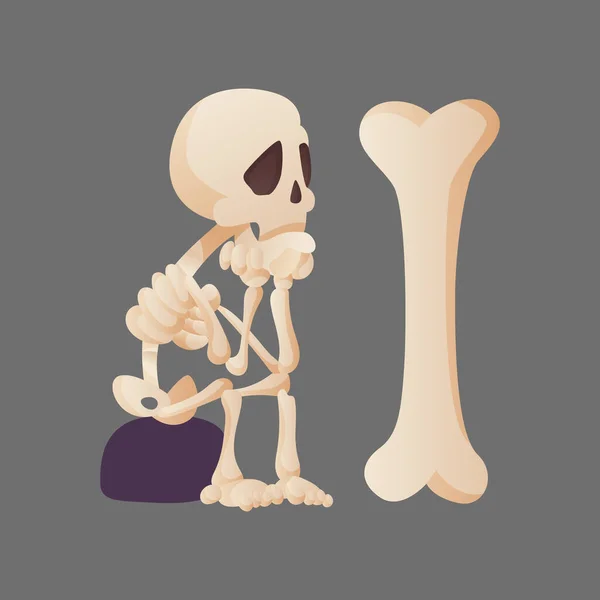 Lustiges Cartoon-Skelett posiert auf einem Stein sitzend und schaut auf die Knochen. Vektor knöchernen Charakter. Menschliche Knochen illustrieren Skelette. Toter Mann auf farbigem Hintergrund — Stockvektor