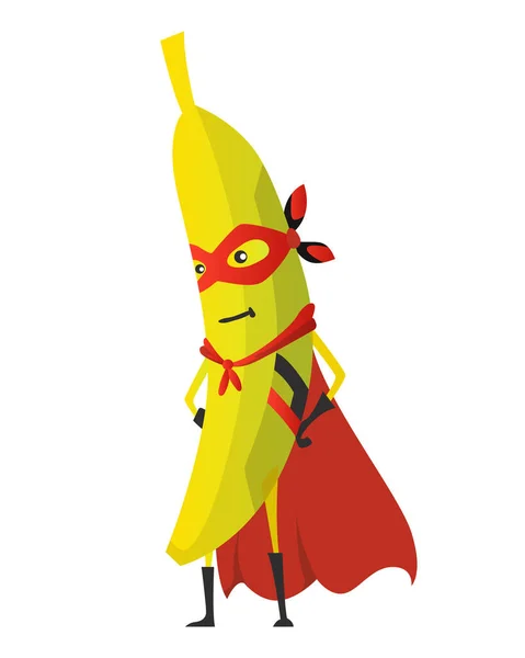 Cartoon-Superheldenbanane. Früchte in Maske und Umhang. Niedliche kindische Zeichentrickfigur. Lustige Zeichentrickfrucht im Superheldenkostüm. Logo-Konzept der gesunden Ernährung. Vektorillustration — Stockvektor