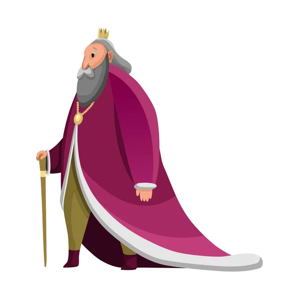 Król kreskówek w koronie i płaszczu. Stary, wysoki król chodzący z kijem. Ilustracja wektora koloru — Wektor stockowy