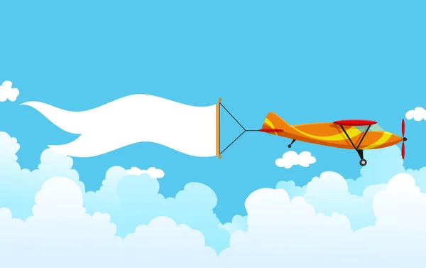 Ретро-самолет со знаменем. Биплан самолета тянет рекламный баннер. Самолет с белой лентой для зоны сообщений. Векторная иллюстрация — стоковый вектор