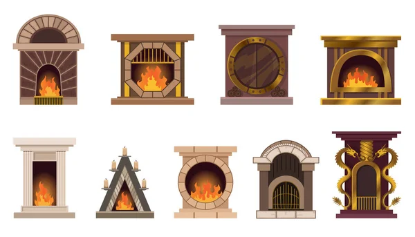 Vektor set von home-Kamine mit Feuer. Unterschiedliche Gestaltung von Kaminen. Flaches Icon-Design. Illustration isoliert auf weißem Hintergrund — Stockvektor