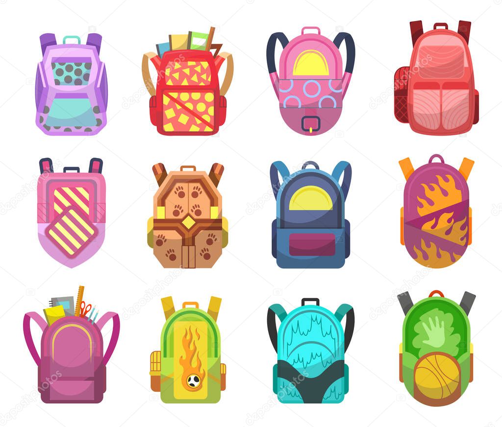 Colored school backpacks set. Education and study back to school, schoolbag luggage, rucksack. Student Satchels Collection. Color vector illustration.