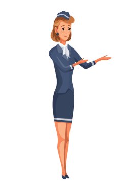 Uçak mürettebatı. Hostes birinci sınıf uçak eğitimi veriyor. Havayolu taşımacılık servisi. Vektör personel illüstrasyonu