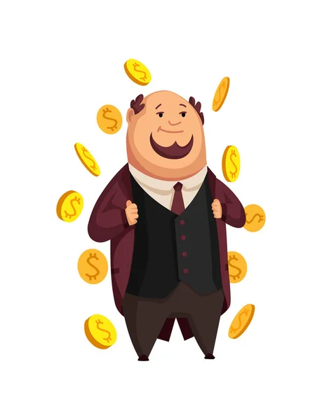 I ricchi dei cartoni animati vettoriali. Immagine di un buffo grassone capitalista in abito nero su sfondo bianco. Affari, finanza, monopolio, denaro — Vettoriale Stock