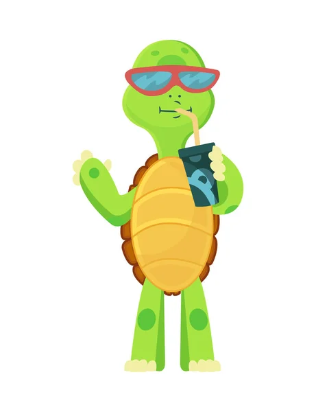 Feliz joven tortuga de dibujos animados puestos bebe un cóctel. Niñera. Diseño del logotipo del vector de camiseta — Archivo Imágenes Vectoriales