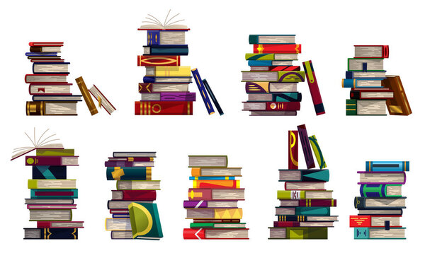 Collection of stacks with colorful books on a white background. Piles of education books vector. Knowledge concept. Reading, learning and receive education through books
