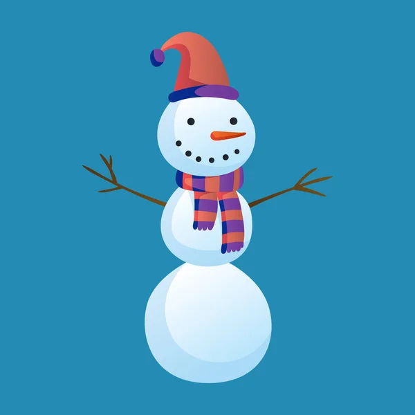 Snowman raising hands with top hat and scarf isolated on white background. Winter theme. Vector character illustration — Stock Vector